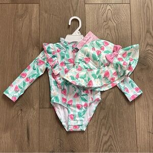 NWT Tommy Bahama Kids 12m Baby Girl Strawberry Rashguard Swimsuit and Sun Hat